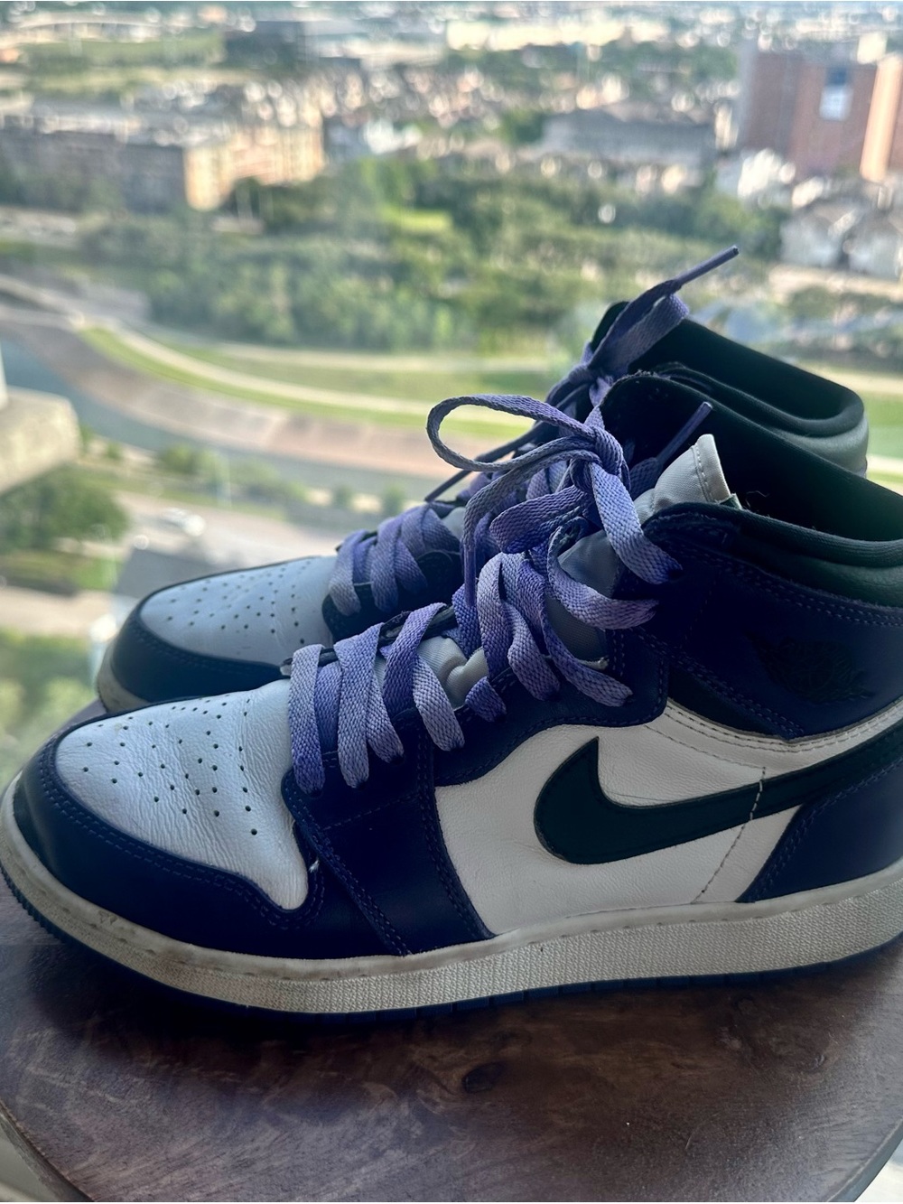Nike Women’s High-Top Sneakers in White and Navy with Purple Laces